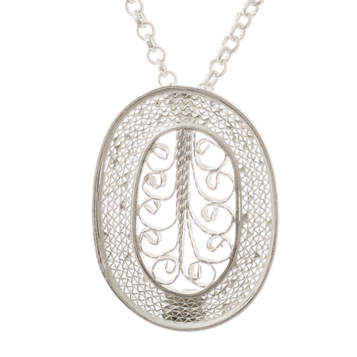 Oval Sterling Silver Filigree Pendant Necklace from Peru