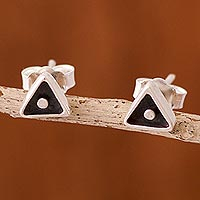 Sterling silver stud earrings, 'Triangle Dark Brilliance'