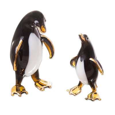Gilded Blown Glass Penguin Mother and Child Figurines (Pair)
