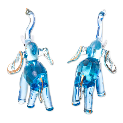 Blown glass figurines, 'Gilded Elephants in Light Blue' (pair) - Gilded Blown Glass Elephant Figurines in Light Blue (Pair)
