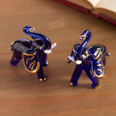 Blown glass figurines, Gilded Elephants in Blue (pair)