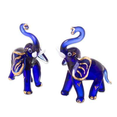 Gilded Blown Glass Elephant Figurines in Blue (Pair)