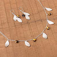 Sterling Silver Leaves Tiger's Eye Necklace and Earrings Set,'Acorns and Leaves'