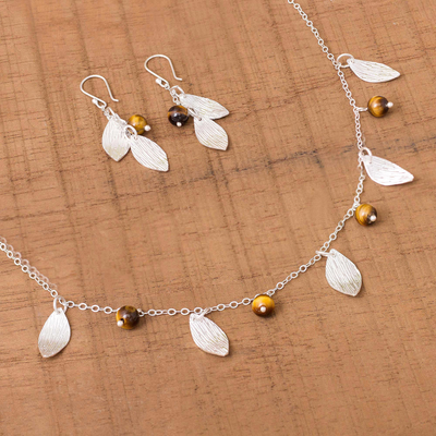 Tiger's eye jewelry set, 'Acorns and Leaves' (set of 3) - Sterling Silver Leaves Tiger's Eye Necklace and Earrings Set