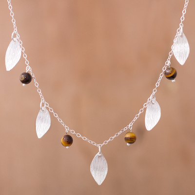 Tiger's eye jewelry set, 'Acorns and Leaves' - Sterling Silver Leaves Tiger's Eye Necklace and Earrings Set
