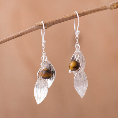 Tiger's eye jewelry set, 'Acorns and Leaves' - Sterling Silver Leaves Tiger's Eye Necklace and Earrings Set