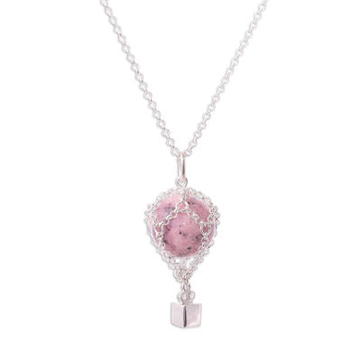 Rhodonite pendant necklace, 'Up and Away' - Pink Rhodonite Bead and Sterling Silver Pendant Necklace