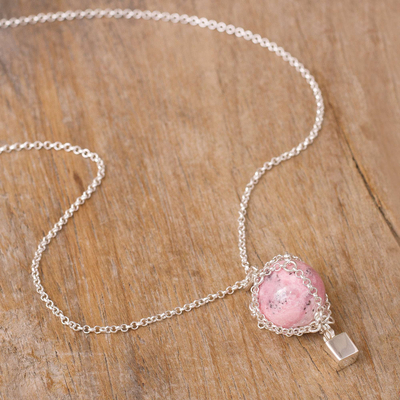 Rhodonite pendant necklace, 'Up and Away' - Pink Rhodonite Bead and Sterling Silver Pendant Necklace