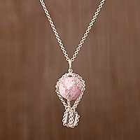 Rhodonite and quartz pendant necklace, 'Up and Away' - Rhodonite and Quartz and Sterling Silver Pendant Necklace