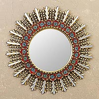 Reverse-painted glass wall mirror, 'Floral Rays' - Floral Reverse-Painted Glass Wood Wall Mirror with Bronze