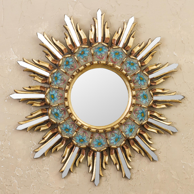 Bronze gilded reverse-painted glass wall mirror, 'Sunny Arrangement' - Bronze Gilded Reverse-Painted Glass Wood Wall Mirror