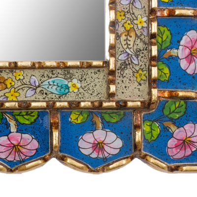 Reverse-painted glass wall mirror, 'Beautiful Arrangement' - Floral Motif Reverse-Painted Glass Wall Mirror