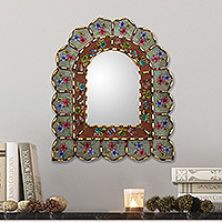 Bronze gilded reverse-painted glass wall mirror, 'Sweet Arrangement' - Reverse-Painted Glass Wood Wall Mirror with Floral Motifs