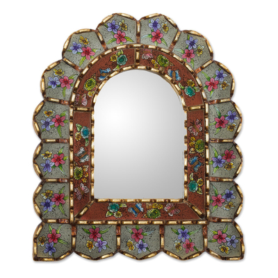 Bronze gilded reverse-painted glass wall mirror, 'Sweet Arrangement' - Reverse-Painted Glass Wood Wall Mirror with Floral Motifs