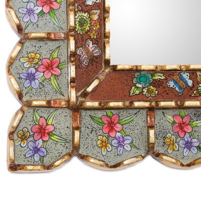 Reverse-painted glass wall mirror, 'Sweet Arrangement' - Reverse-Painted Glass Wood Wall Mirror with Floral Motifs