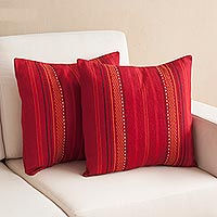 Alpaca blend cushion covers, 'Striped Style' (pair) - Striped Alpaca Blend Cushion Covers in Crimson (Pair)