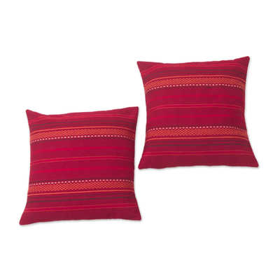 Alpaca blend cushion covers, 'Striped Style' (pair) - Striped Alpaca Blend Cushion Covers in Crimson (Pair)