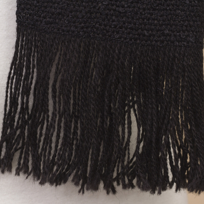 Alpaca blend scarf, 'Simplicity' - Black Alpaca Blend Scarf with Umber Stripes from Peru