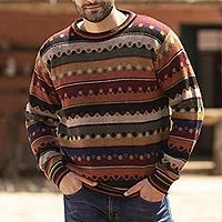 Men's 100% alpaca pullover, 'Autumnal Andes' - Men's Striped 100% Alpaca Pullover Sweater from Peru