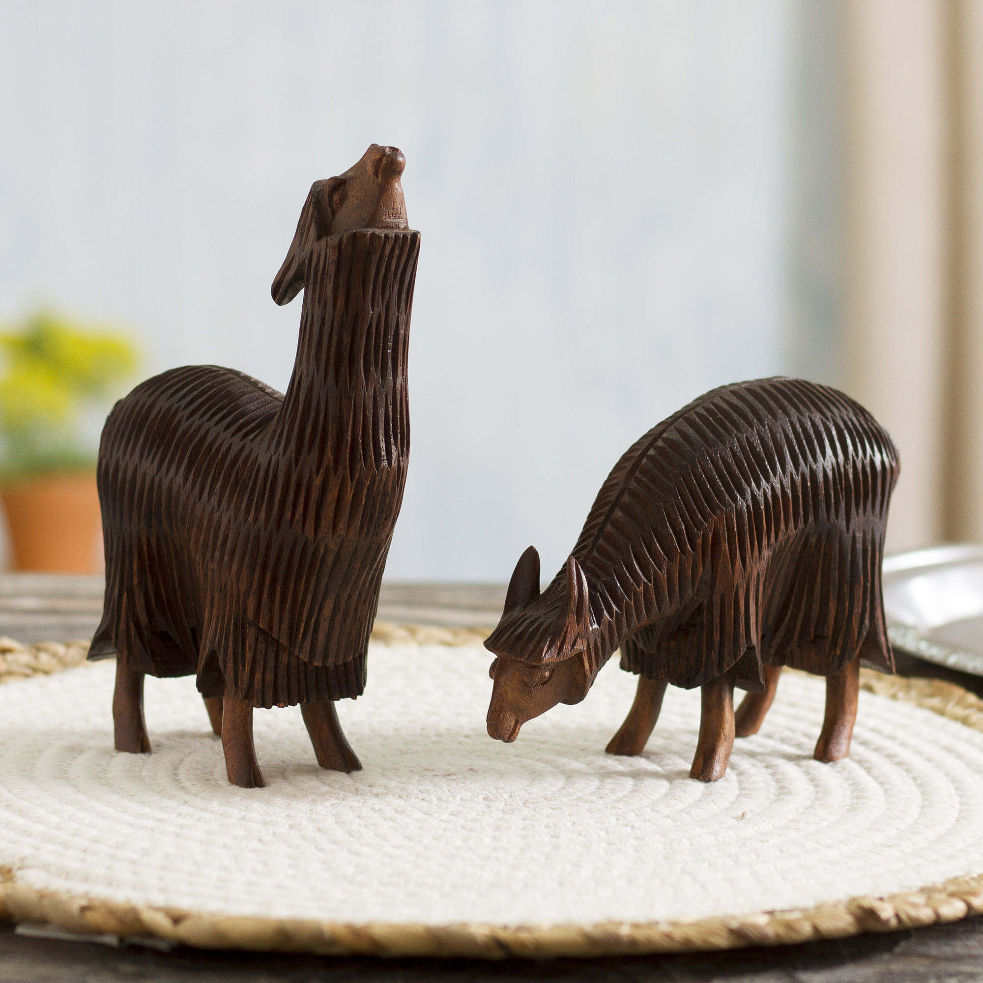Hand-Carved Wood Alpaca Sculptures from Peru (Pair) - Couple in the
