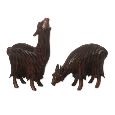 Wood sculptures, 'Couple in the Andes' (pair) - Hand-Carved Wood Alpaca Sculptures from Peru (Pair)