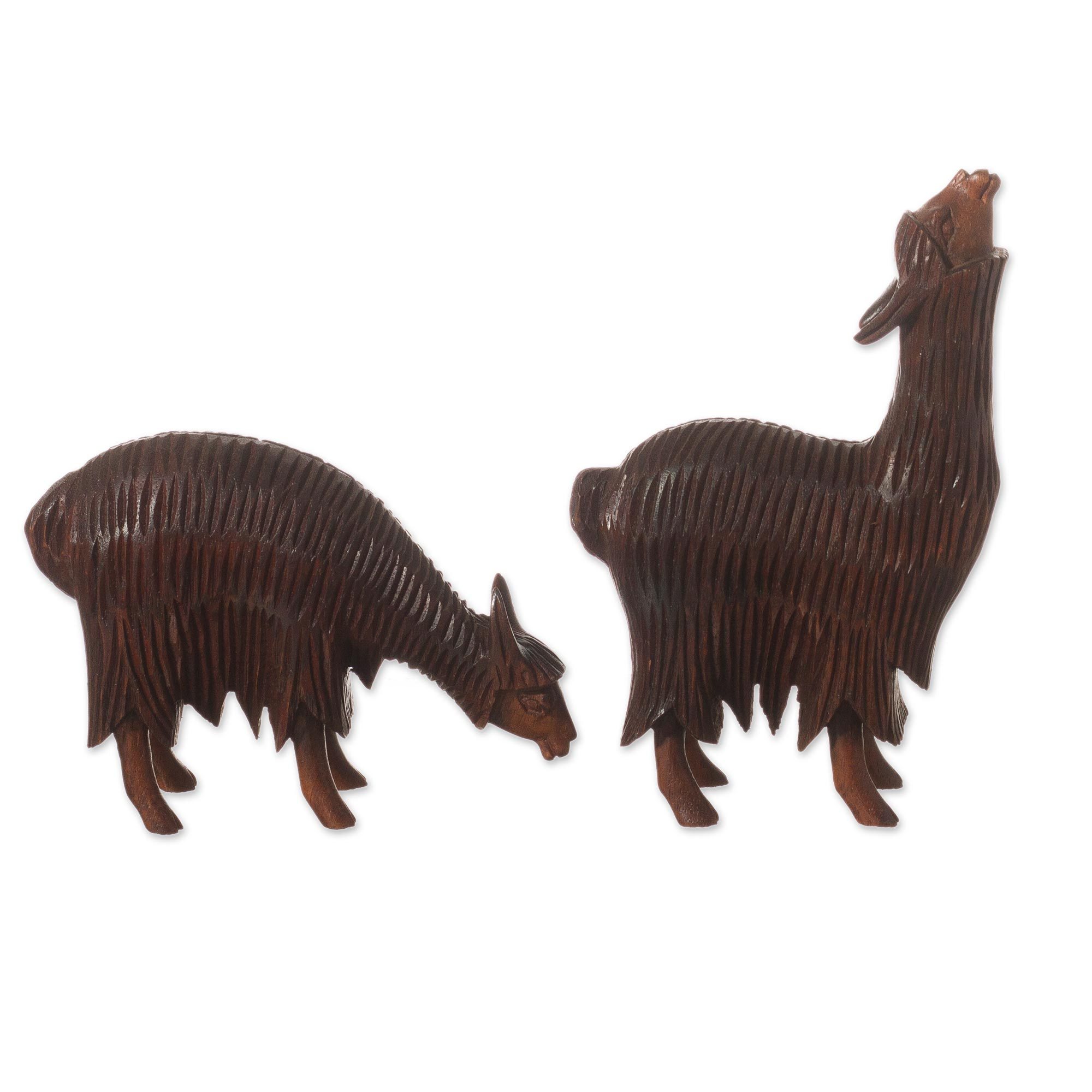 Hand-Carved Wood Alpaca Sculptures from Peru (Pair) - Couple in the