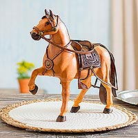 Wood and leather sculpture, Saddled Horse