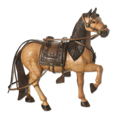 Wood and leather sculpture, 'Saddled Horse' - Wood Horse Sculpture with Leather from Peru
