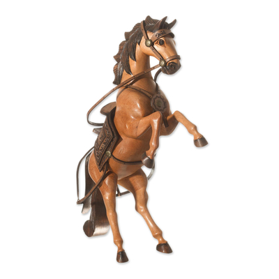 Wood sculpture, 'Rearing Buttermilk Horse' - Cedar Wood and Leather Rearing Bay Horse Sculpture from Peru