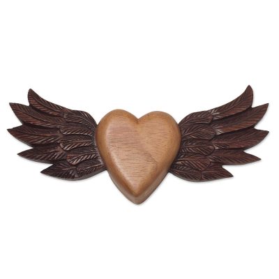 Wood wall art, 'Heart with Wings' - Winged Heart Cedar Wood Wall Art from Peru