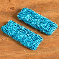 100% alpaca fingerless mitts, 'Turquoise Braid' - Hand-Crocheted 100% Alpaca Fingerless Mitts in Turquoise