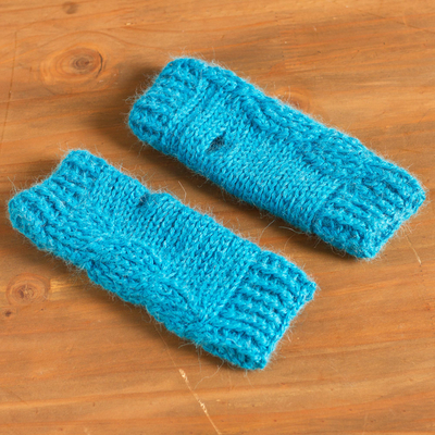 100% alpaca fingerless mitts, Turquoise Braid
