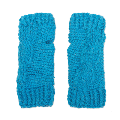 Hand-Crocheted 100% Alpaca Fingerless Mitts in Turquoise