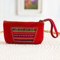 Wool accented suede wristlet, 'Traditional Window' - Wool Accented Crimson Suede Wristlet from Peru