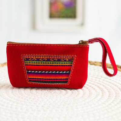 Wool accented suede wristlet, 'Traditional Window' - Wool Accented Crimson Suede Wristlet from Peru