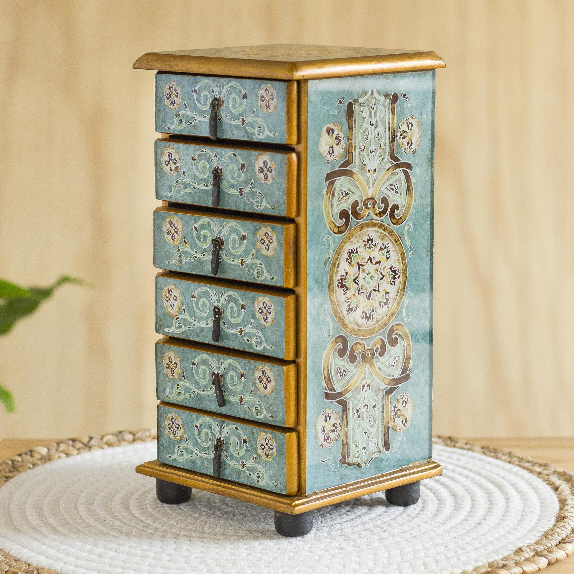 Reverse Painted Floral Glass Jewelry Box Chest from Peru - Vintage Blue