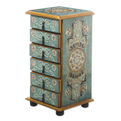 Reverse-Painted Glass Jewelry Chest in Turquoise from Peru