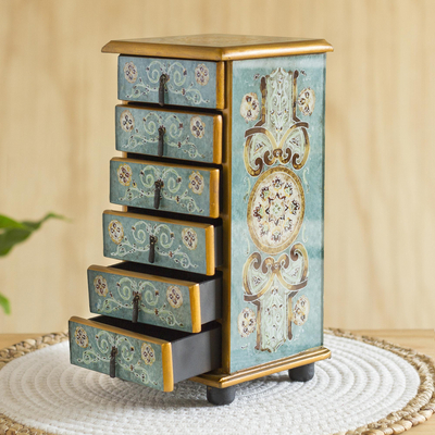 Reverse-painted glass jewellery chest, 'Turquoise Colony' - Reverse-Painted Glass jewellery Chest in Turquoise from Peru