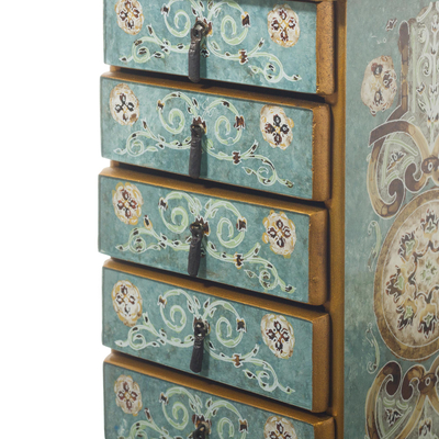 Reverse-painted glass jewellery chest, 'Turquoise Colony' - Reverse-Painted Glass jewellery Chest in Turquoise from Peru