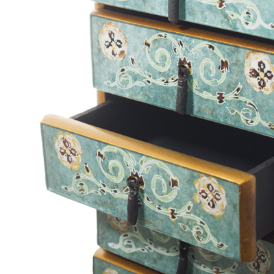Reverse-painted glass jewelry chest, 'Turquoise Colony' - Reverse-Painted Glass Jewelry Chest in Turquoise from Peru