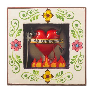 Ceramic and wood wall sculpture, 'Devilish Heart' - Devil Heart-Themed Ceramic and Wood Wall Sculpture from Peru