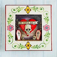 Ceramic and wood wall sculpture, 'Love You to Death' - Skull and Heart-Themed Ceramic and Wood Wall Sculpture