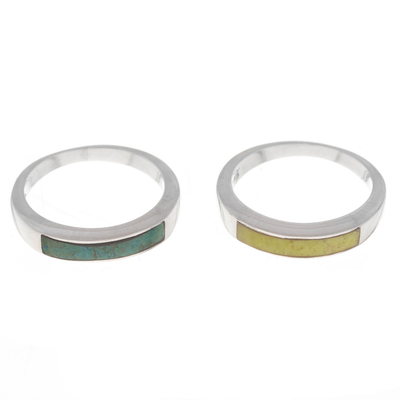 Serpentine and chrysocolla band rings, 'Dual Enchantment' (pair) - Serpentine and Chrysocolla Band Rings from Peru (Pair)