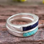 Sodalite and amazonite band rings, 'Dual Enchantment' (pair) - Sodalite and Amazonite Band Rings from Peru (Pair)
