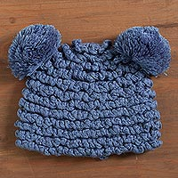 Hand-crocheted alpaca blend hat, 'Fun Pompoms in Steel Blue' - Hand-Crocheted Alpaca Blend Hat with Pompoms in Steel Blue