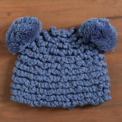 Hand-crocheted alpaca blend hat, Fun Pompoms in Steel Blue