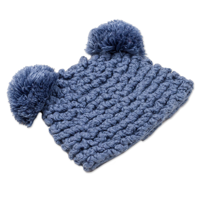 Hand-crocheted alpaca blend hat, 'Fun Pompoms in Steel Blue' - Hand-Crocheted Alpaca Blend Hat with Pompoms in Steel Blue