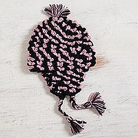 Hand-crocheted alpaca blend chullo hat, 'Cute Stripes' - Black and Blush Hand-Crocheted Alpaca Blend Chullo Hat