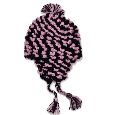 Black and Blush Hand-Crocheted Alpaca Blend Chullo Hat