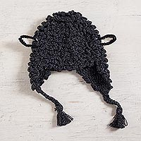 Sheep-Themed Alpaca Blend Chullo Hat from Peru,'Black Sheep'